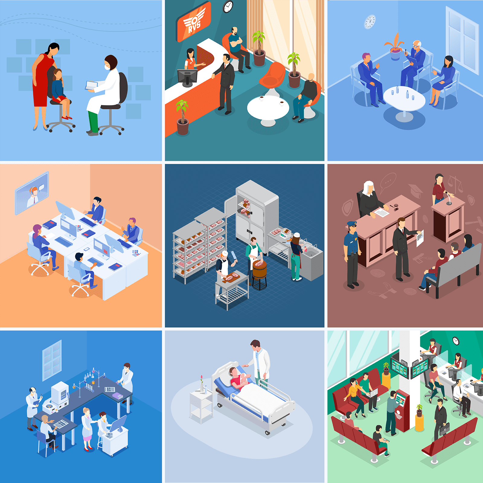 A grid of nine different professional locations that students can access through BenchFly from a doctor's office to a butcher shop. 