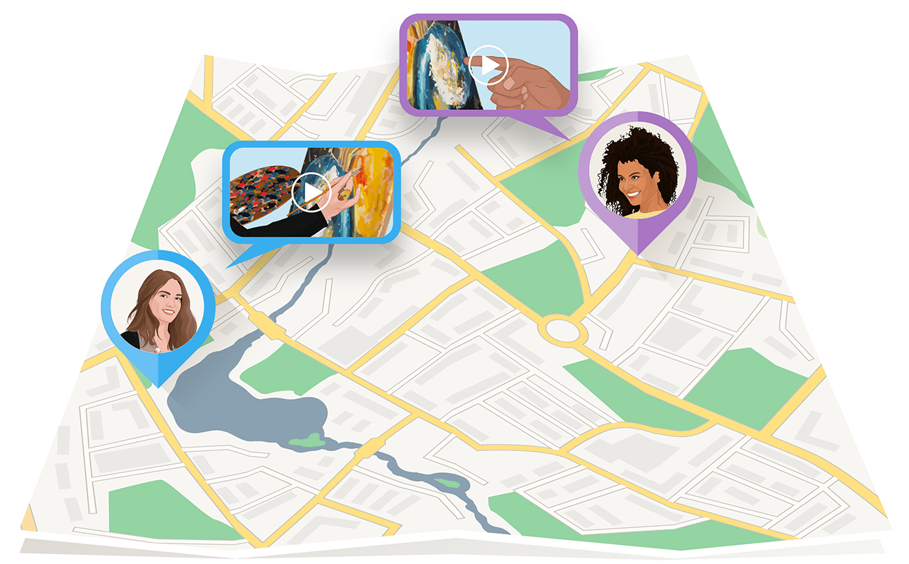 A map shows a teacher and student interacting by video across town.